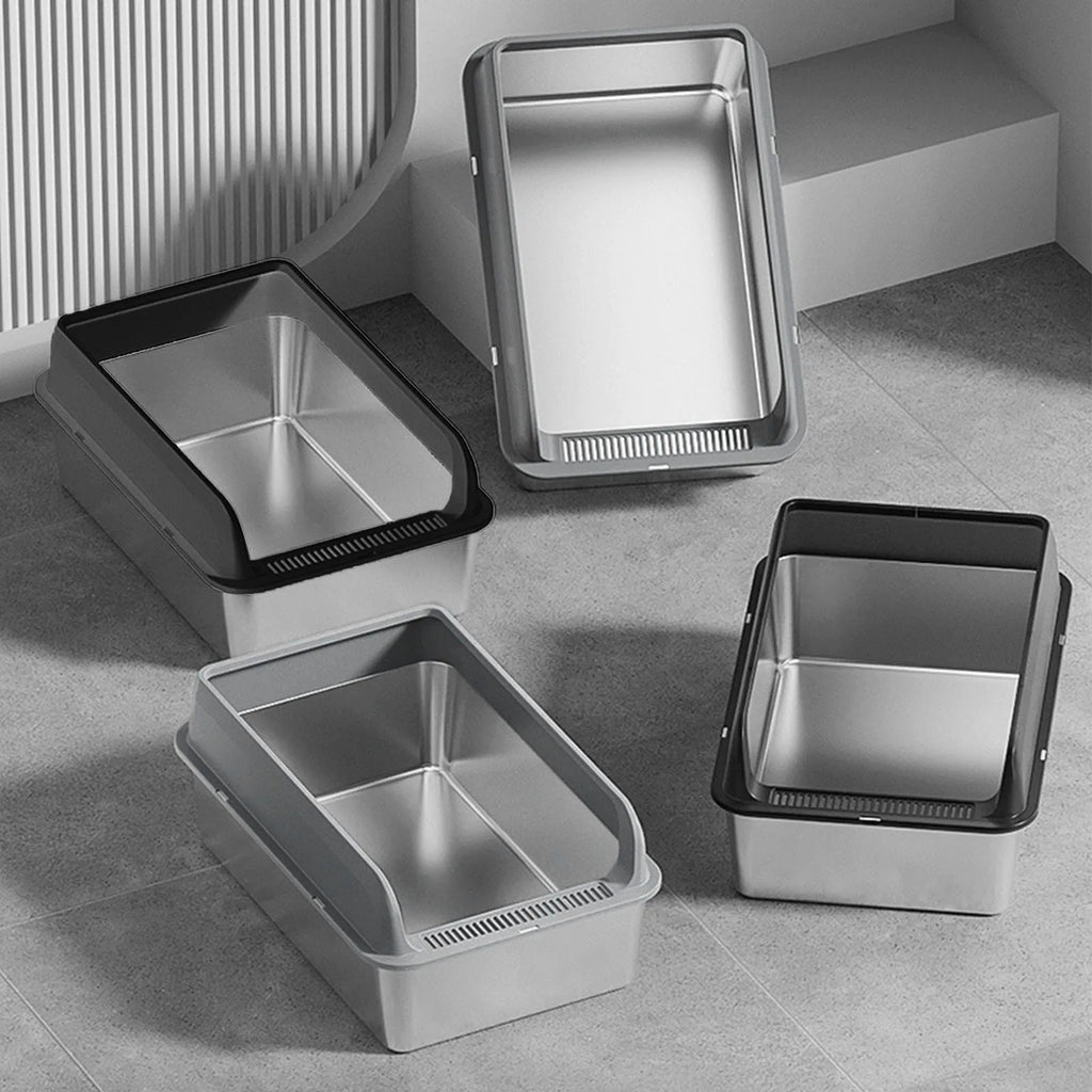 Stainless Steel Cat Litter Box with Lid Anti Splash High Sided Odor Free Semi Enclosed Easy Clean Pet Toilet Tray Qme