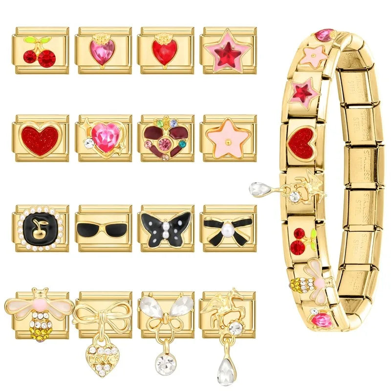 Golden Series Black Bows Butterfly Red Star Cherry Heart Italian Charm Links Stainless Steel Fit 9mm Bracelet Making DIY Jewelry Qme
