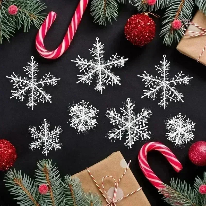 Christmas Plastic White Snowflakes Ornaments Xmas Tree Hanging Pendant Artificial Glitter Snow Flake Home DIY Wreath Decoration Qme