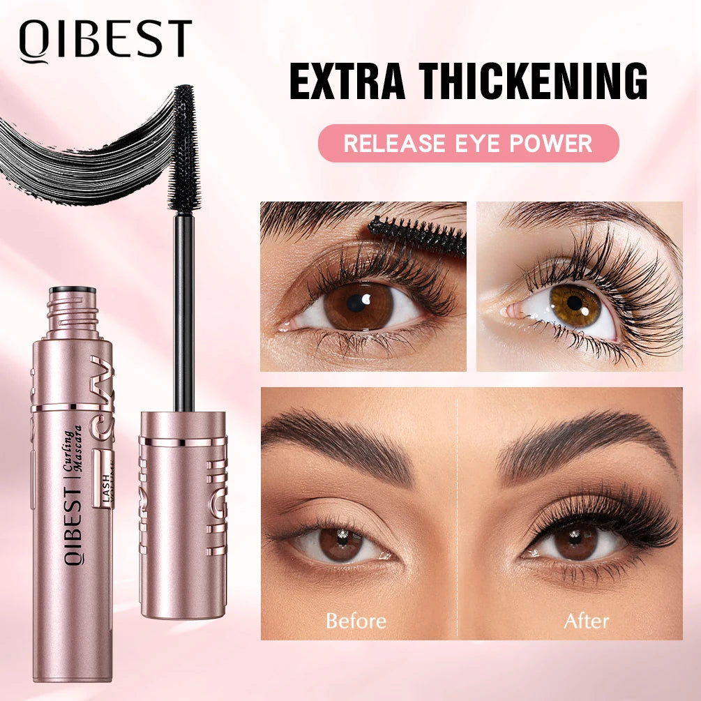 QIBEST New Silk Fiber Black Mascara Waterproof Long Lasting Extension Eyelashes Lengthening Curling Mascara Black Eyelash Makeup Qme