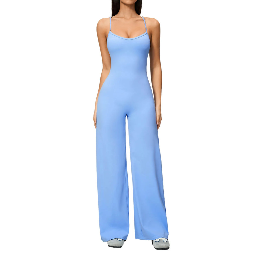 B New Summer Women Sleeveless Yoga Jumpsuit Female Gym Wide-Leg Pants Neck-hanging Backless Sportswear Sport Outfit For Woman Qme