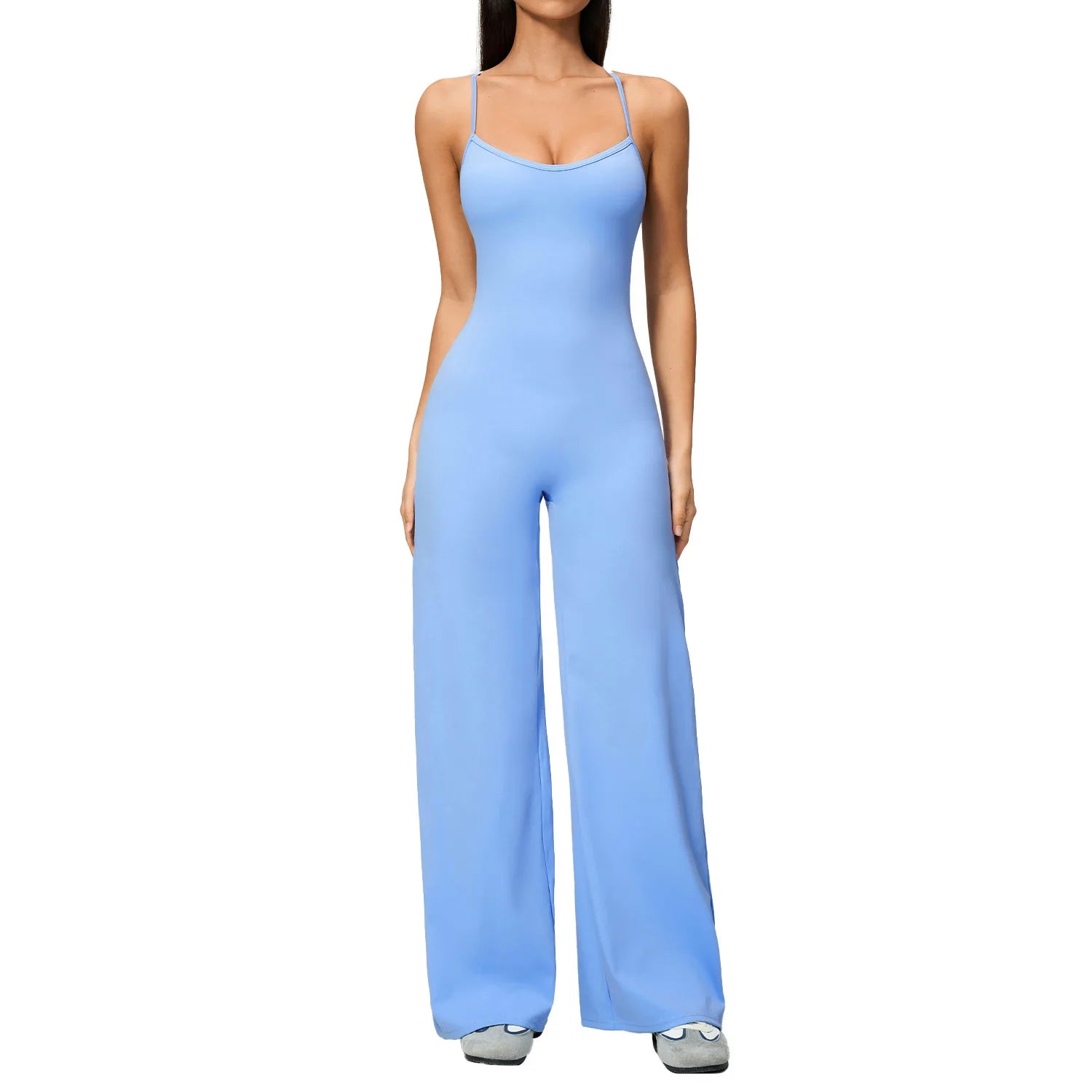 B New Summer Women Sleeveless Yoga Jumpsuit Female Gym Wide-Leg Pants Neck-hanging Backless Sportswear Sport Outfit For Woman Qme