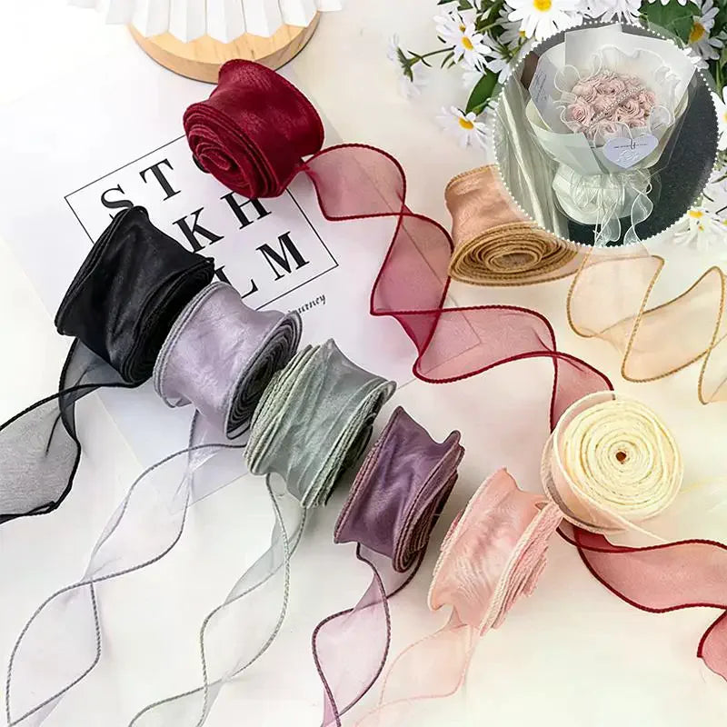 10Yards Organza Solid Ribbon Wavy Edge Flower Bouquet Gifts Packaging Qme