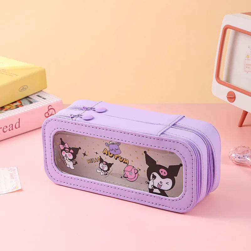Hello Kitty Kuromi Transparent Double-Layer Pencil Case with Window Large-Capacity, Stylish Pencil Case Student Pencil Case Qme 1