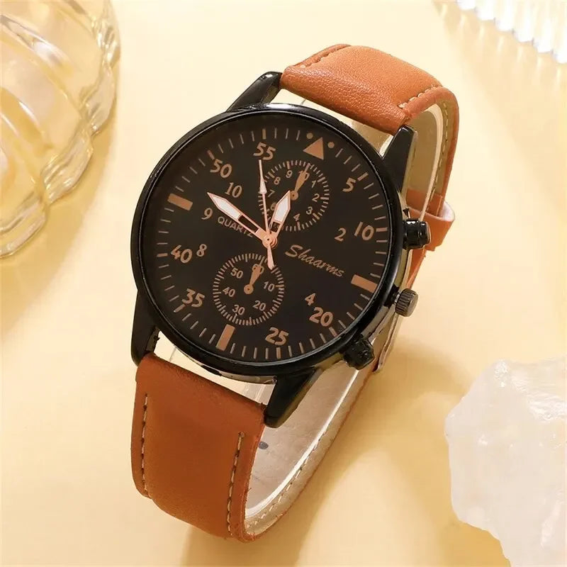 2026 4pcs/5pcs Men's leather strap watch, high-end Hong Kong style fashion watch, business binocular watch set Qme