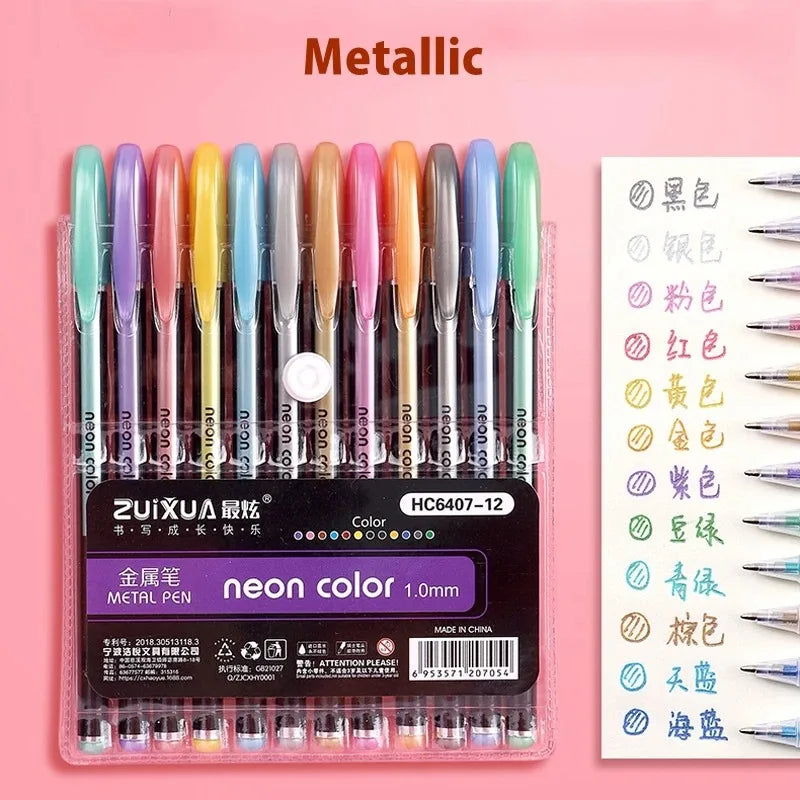 12-60Pcs Metallic Glitter Colors Gel Pens & Pen Refills For School Office Adult Coloring Book Journals Drawing Art Markers Qme 12pcs Metallic Pen