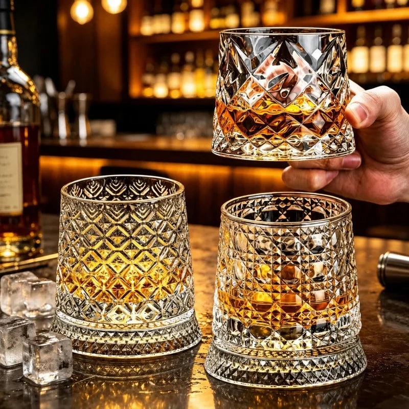 280ml Rotating Whiskey Glass Crystal Rum Glass Cocktail Party Drinking Gift Creative Crystal Premium Beer Glass Qme