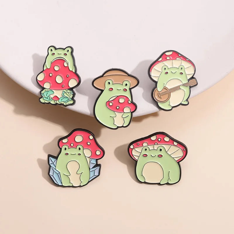 Cartoon Cute Frog Mushroom Series Brooch Enamel Pin Animal Plant Metal Badge Backpack Lapel Fashion Jewelry Gift Friend Kid Qme