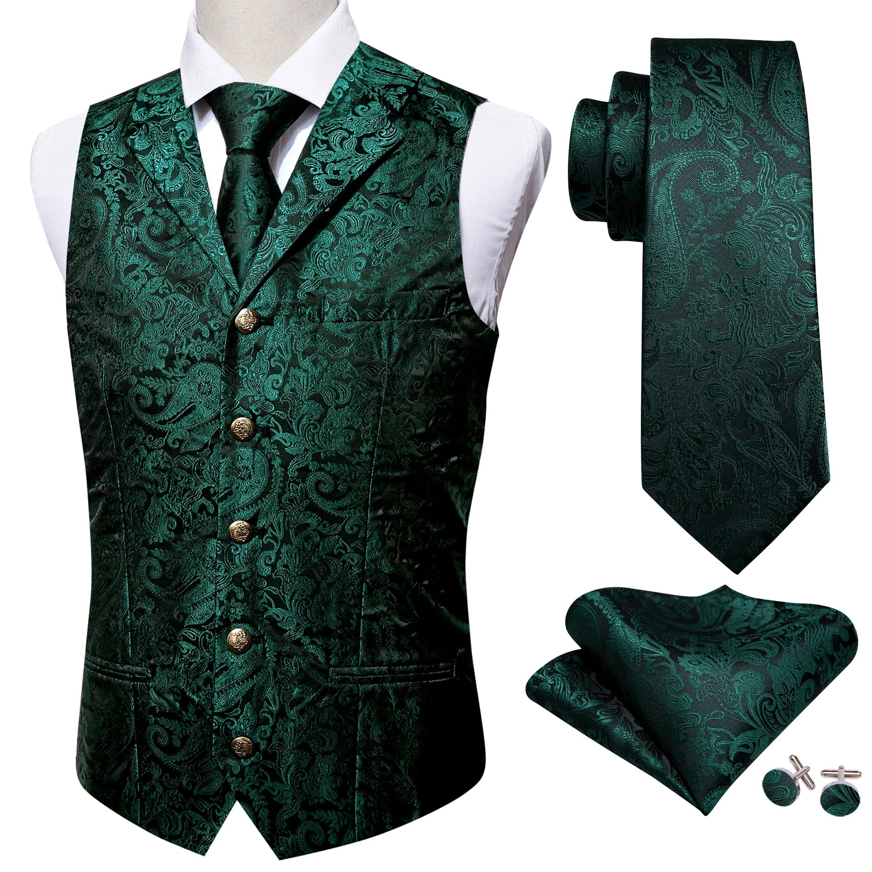 Men's Floral Vest Tie Hanky Cufflinks Formal Blue Grey Green Qme