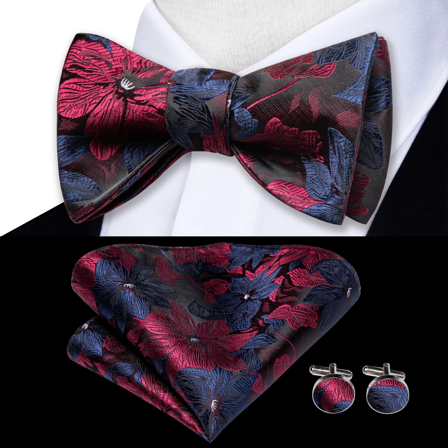 Hi-Tie Silk Mens Self Bow Tie Hanky Cufflinks Set Blue Red Gold Black White Male Jacquard Butterfly Knot Bowtie Wedding Business Qme LH-2045