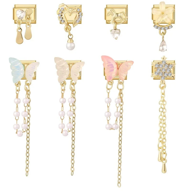 New Shiny Snowflake Zircon Pearl Tassel Chain Italian Charm Links Fit 9mm Stainless Steel Bracelet Women Jewelry DIY Making Gift Qme
