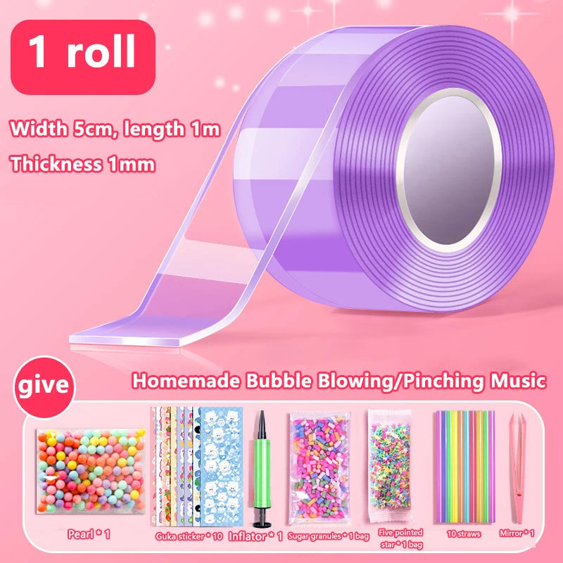 Kids Gifts PET Nano Glue DIY Blow Bubble Double Sided Tape Sticky Qme A6