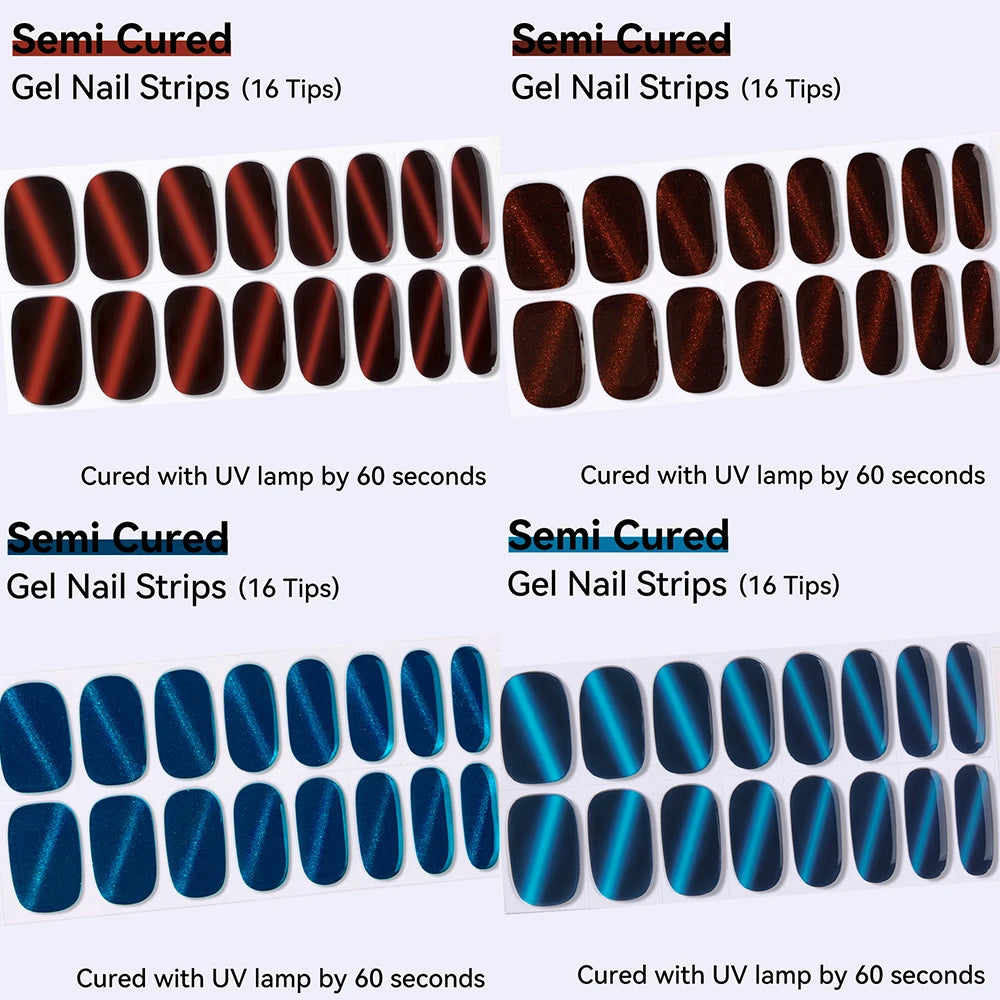 16Tips Red Blue Shine Cat Eyes Semi Cured Gel Nail Stickers Pure Fine Qme