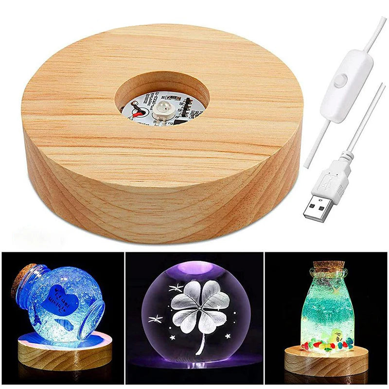 Rechargeable Wooden LED Light Base Rotating Display Stand Art Lamp Qme