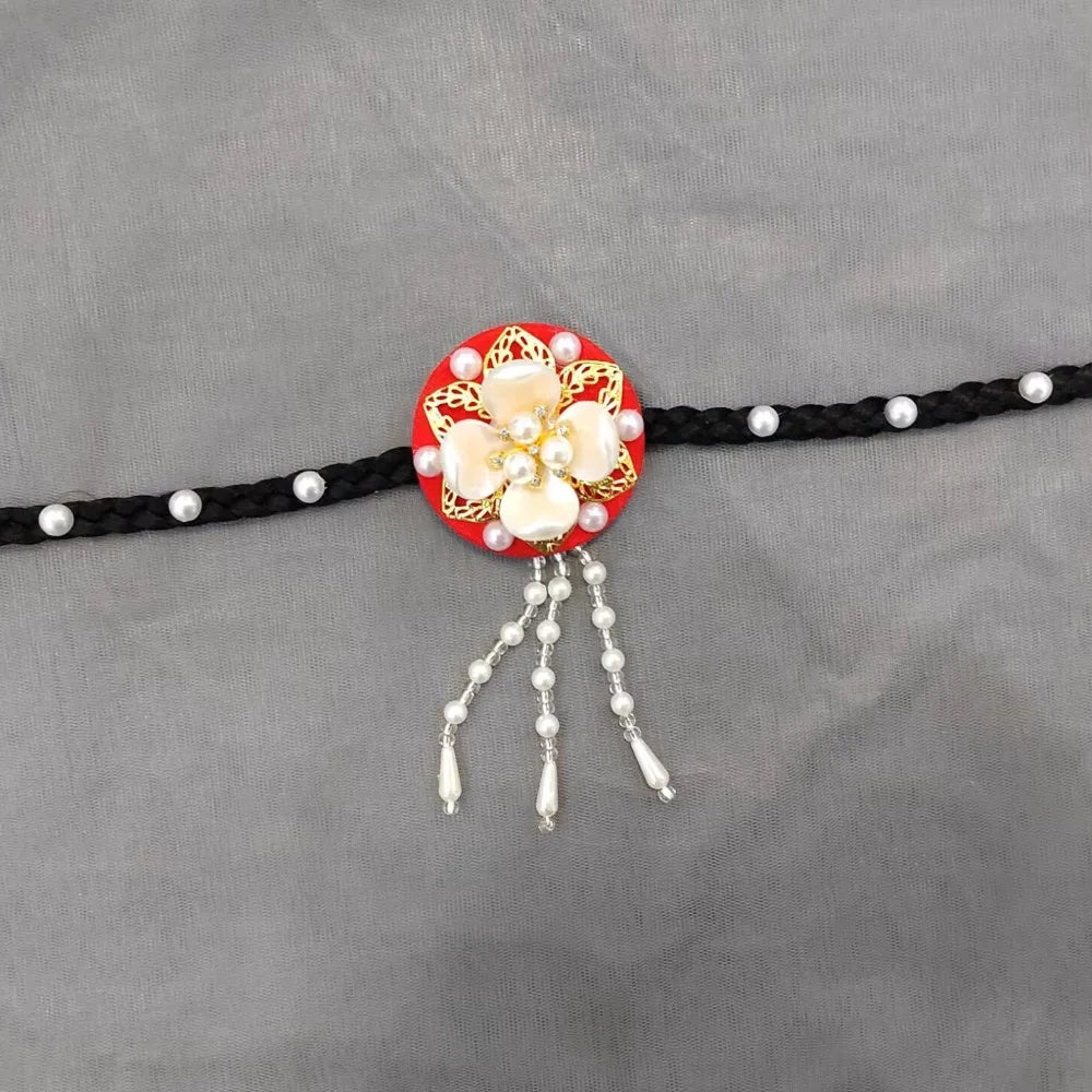 Retro Flower Hanbok Wig Headdress Pearl Traditional Korea Ethnic Qme Style2-Red