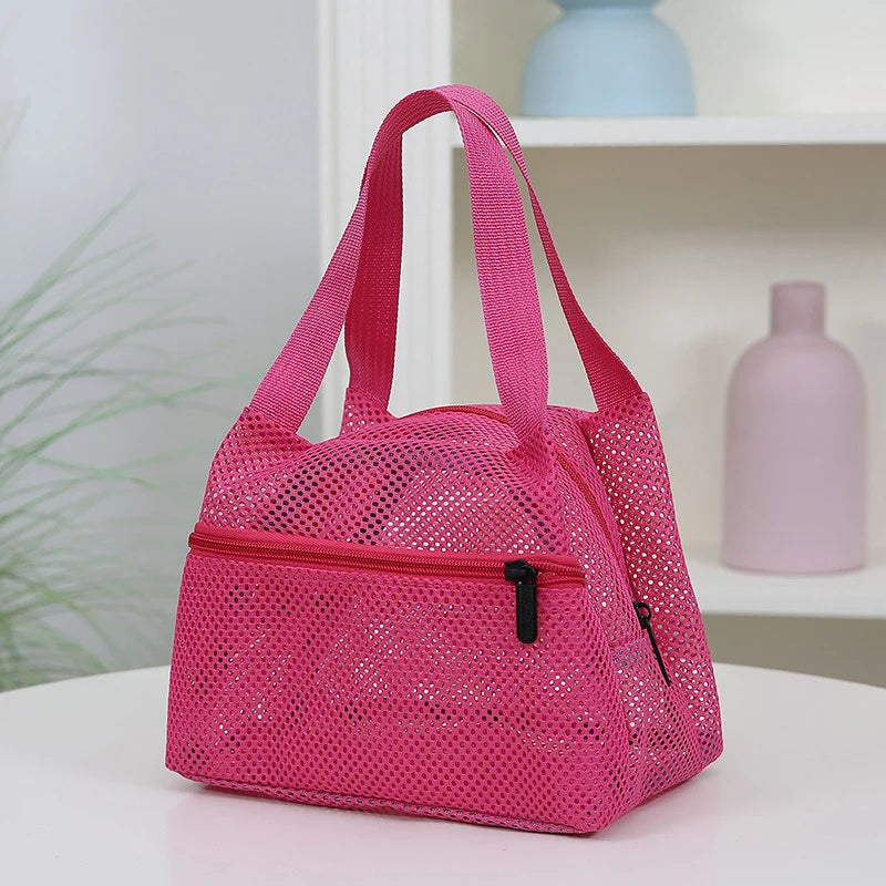 Fashion Solid Color Mesh Handbag Travel Toiletry Bag Large Capacity Cosmetic Bag Portable Sports Swimming Storage Bags Qme Rose red