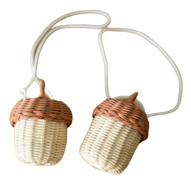 Acorn-shaped Storage Basket Hand-woven Round Rattan Bag Bucket Qme