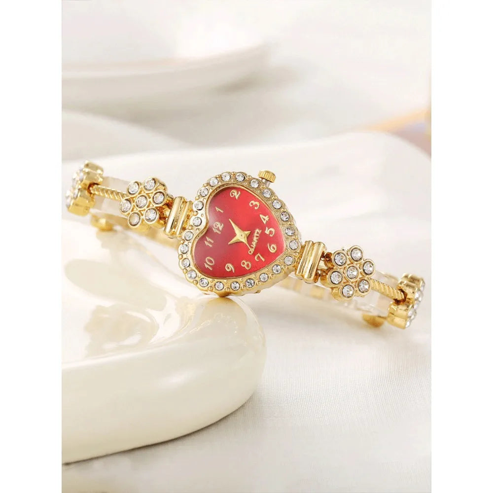 Flower shaped diamond inlaid heart-shaped women's watch, niche fashion, female student bracelet, quartz watch set Qme