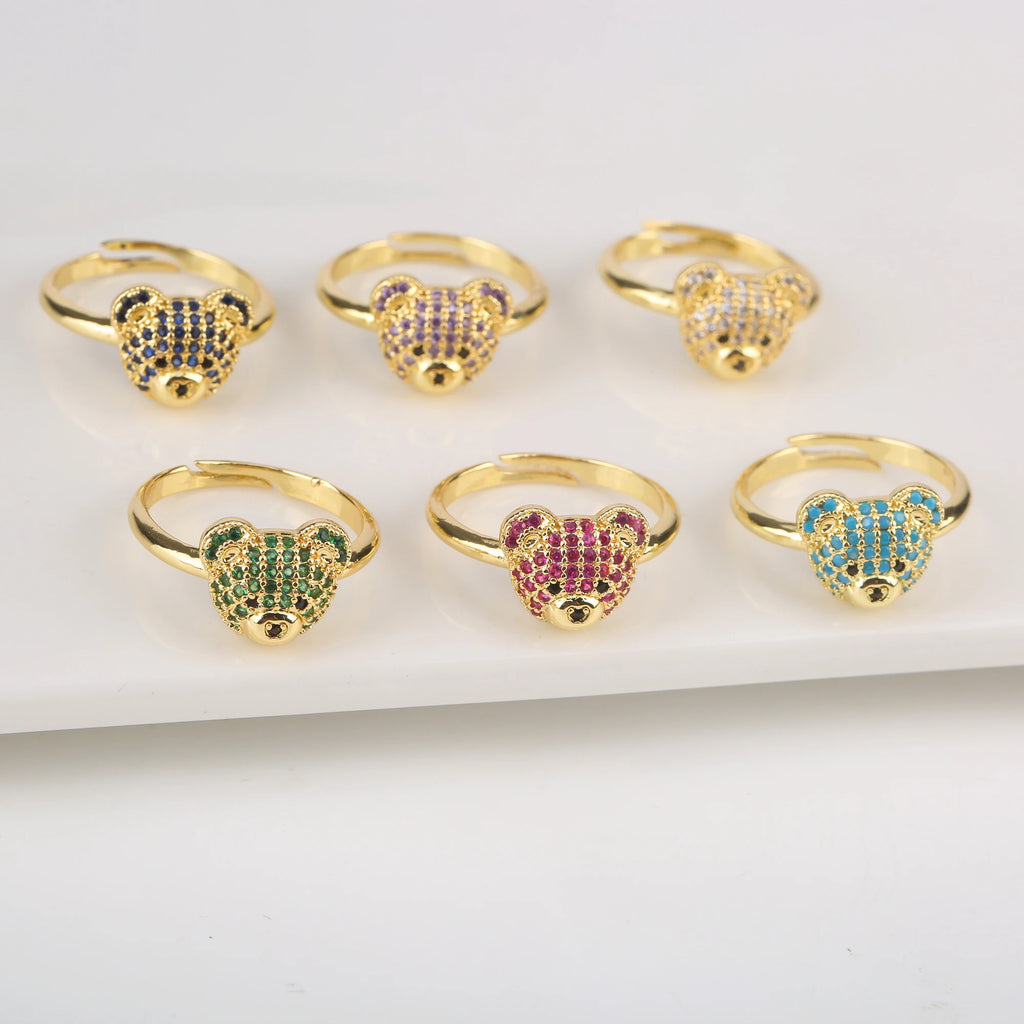 Shiny Cubic Zircon Bear Ring Cute Animal Gold Plated opening Adjustable Ring Luxury for Man Woman Party Jewelry Friendship Gift Qme