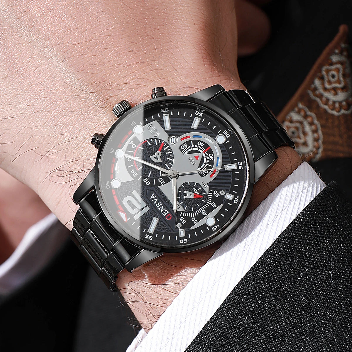 3 pc/set moda masculina relógios de negócios luxo homem quartzo relógio de pulso data reloj hombre (sem caixa) Qme black