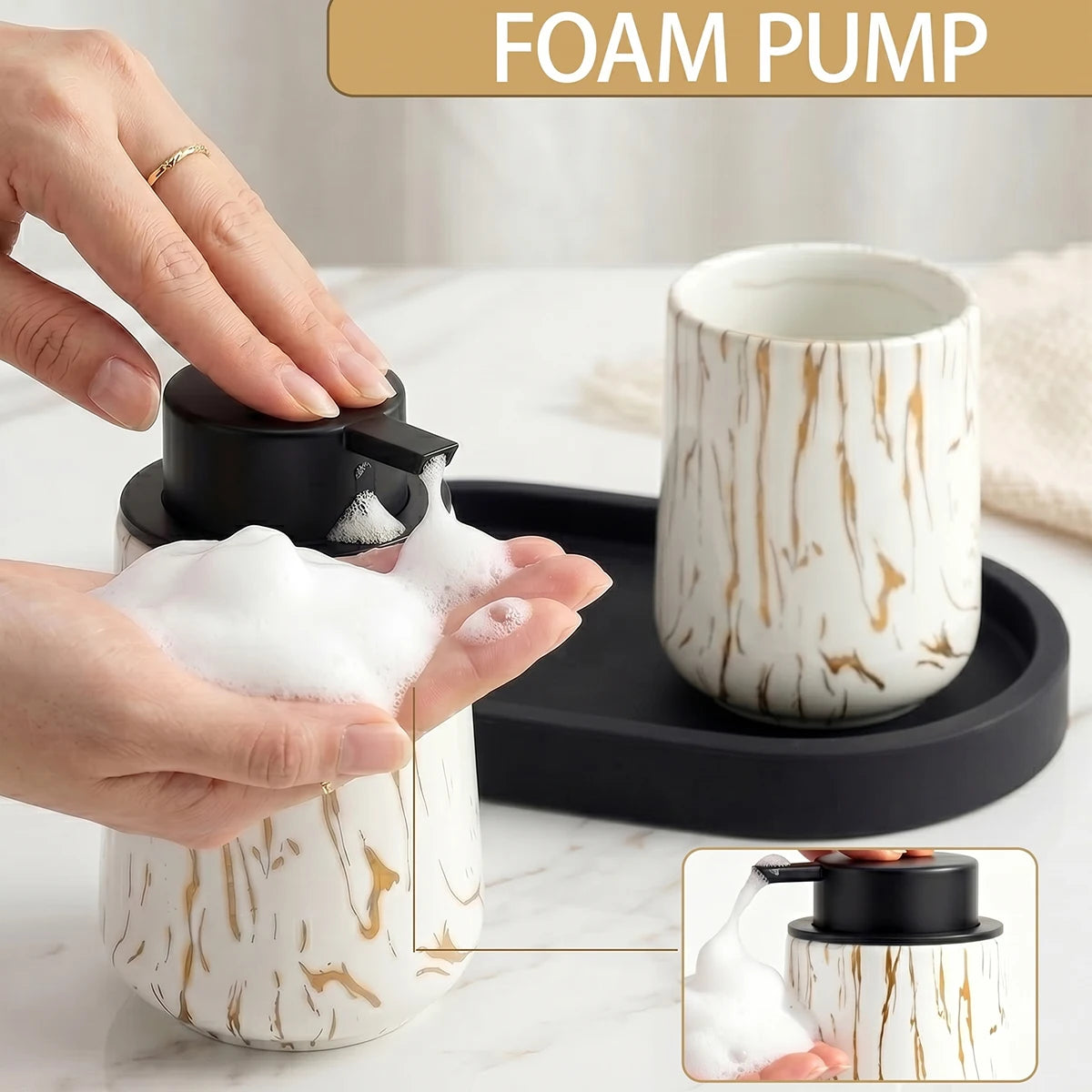 3pcs/set Marble Bathroom Set with Silicone Tray Foaming Hand Dispenser Toothbrush Holder Set Vanity Organizer for Bathroom Kitch Qme B-foam set