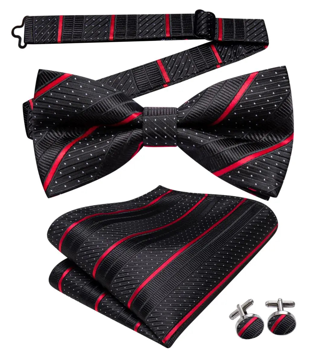 Hi-Tie Striped Black Red Mens Bow Tie Hankerchief Cufflink Pre-tied Silk Butterfly Knot Bowtie for Male Business Party Wholesale Qme