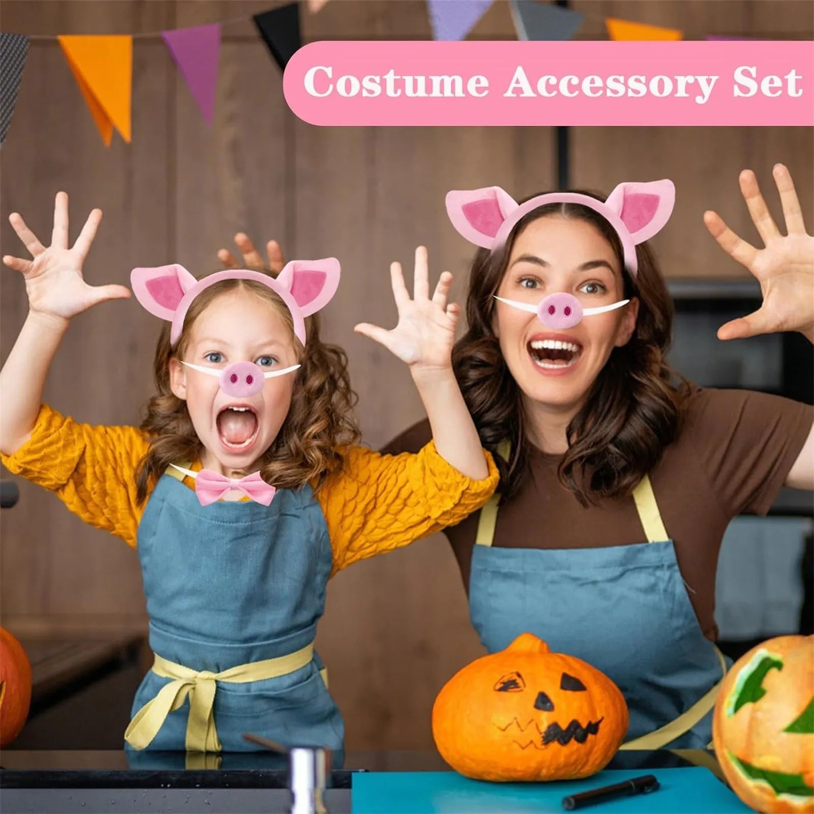 Pig Costume Set with Ears Headband,Nose,Tail,Bow Tie Fun Animal Cosplay Costume Accessories for Kids Dress Up Party Props Qme