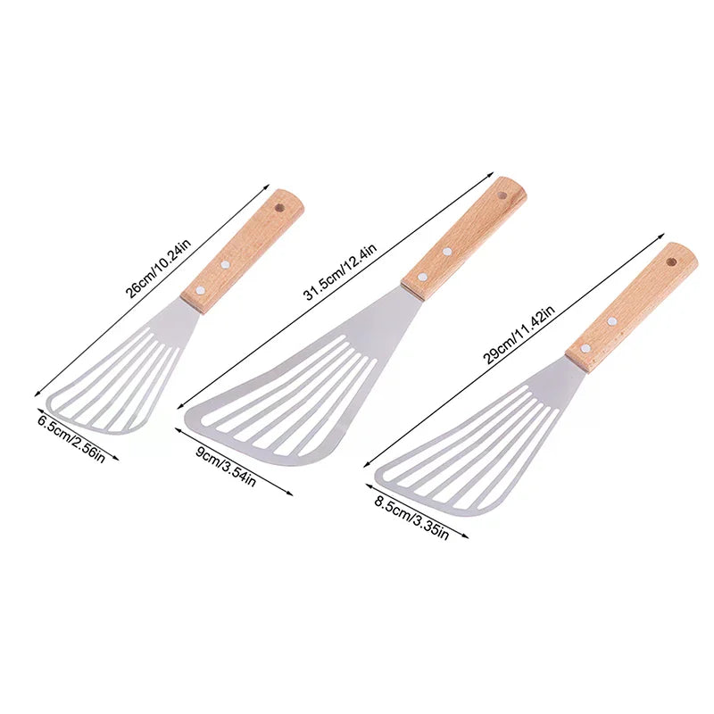 Stainless Steel Slotted Turner Fish Frying Shovel With Wooden Handle Fan-shaped Shovel Household High-temperature Frying Shovel Qme