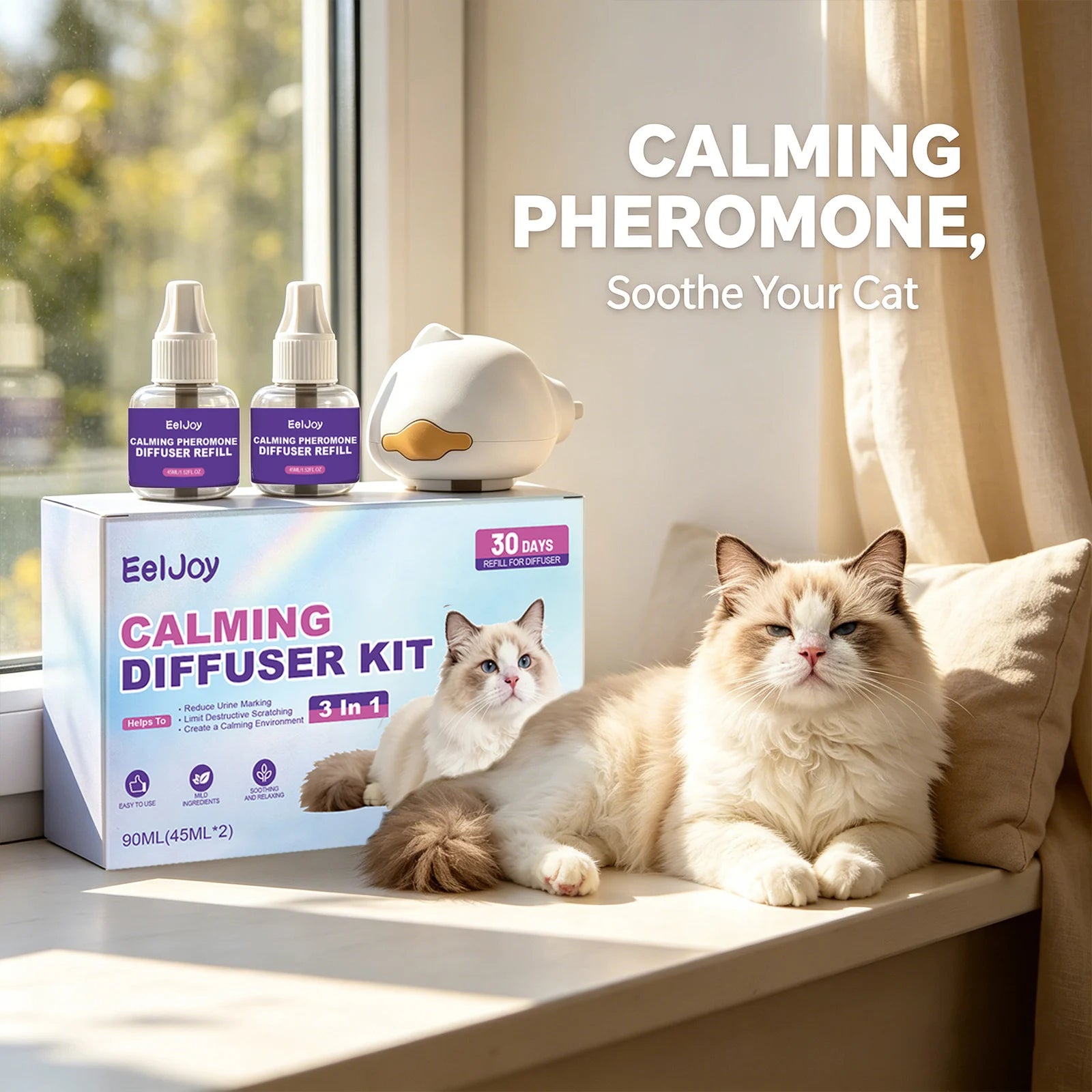 Cat Calming Pheromone Diffuser Kit Anxiety Relief Reduce Scratching Behavior Adapt Environment 3-in-1 Plug-In Calming Diffuser Qme