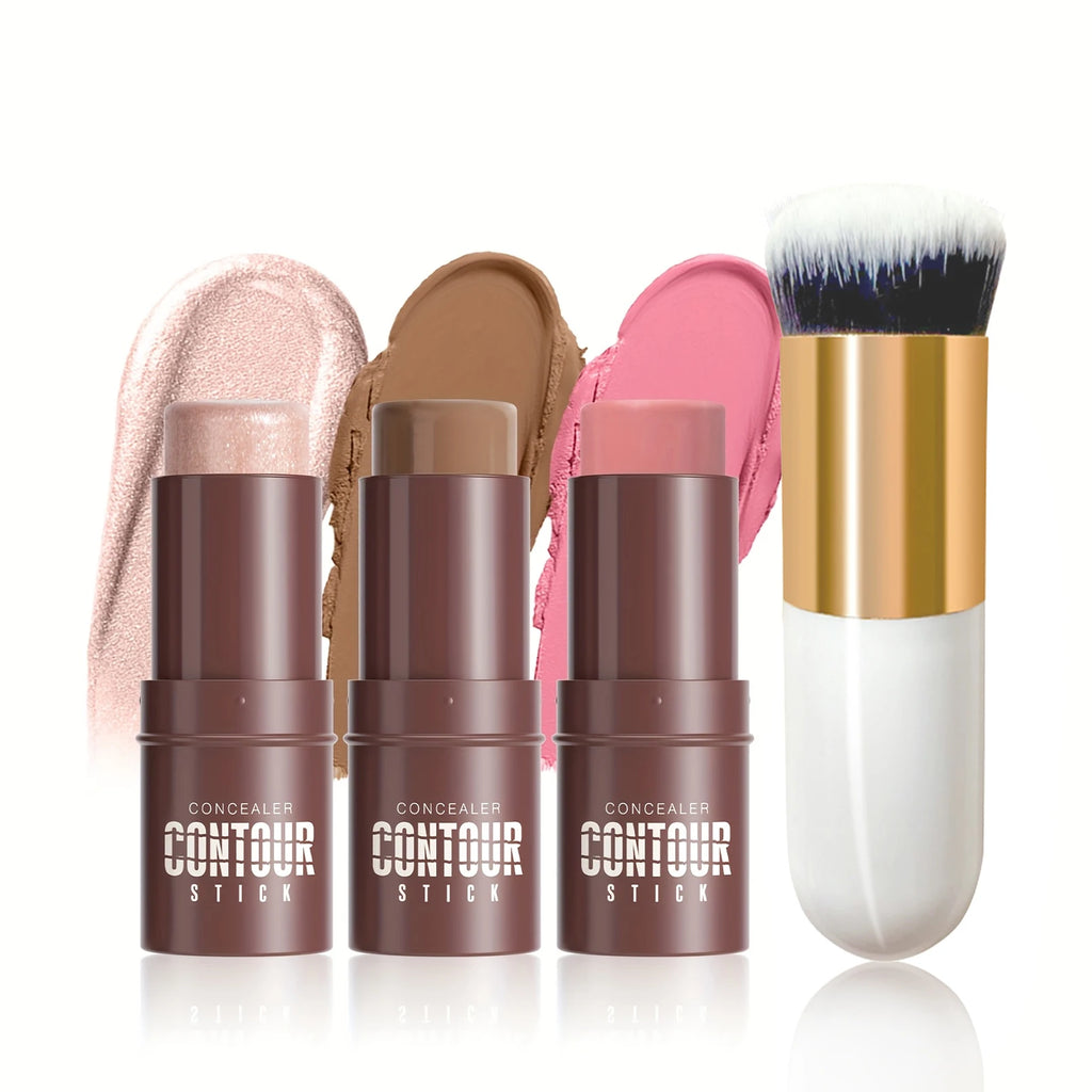 4pcs Contour Stick, Highlighter Stick, Blush Stick 4pcs Cream Contour Kit with Contour Brush, Create Face Contour, Non-greasy Qme