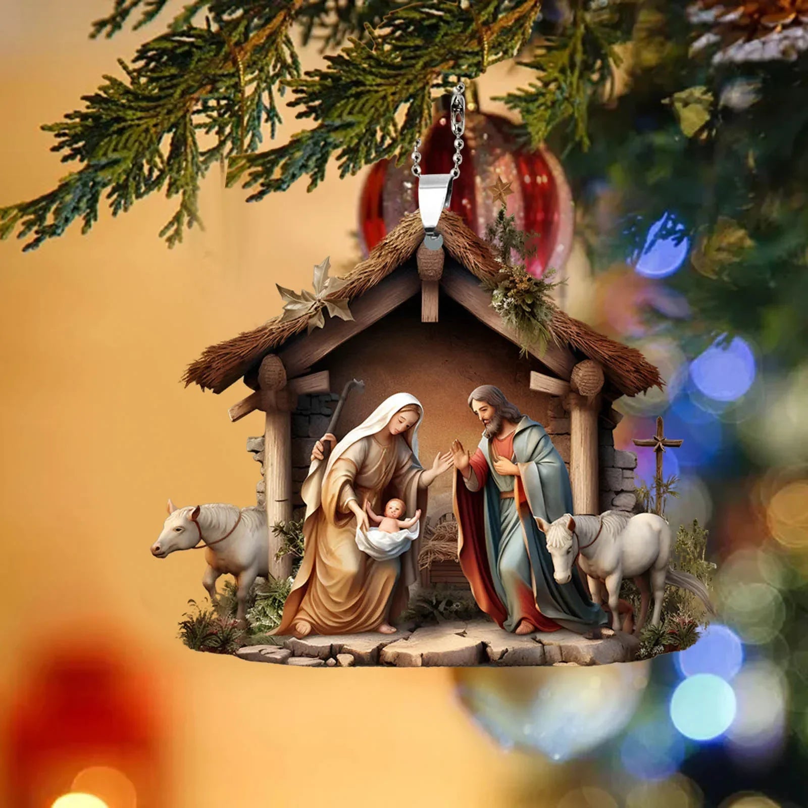 Christmas Tree Jesus Pendant Ornament Family Prayer Scene Pendant Bright Colored Car Decoration Pendant Home Decorations Qme