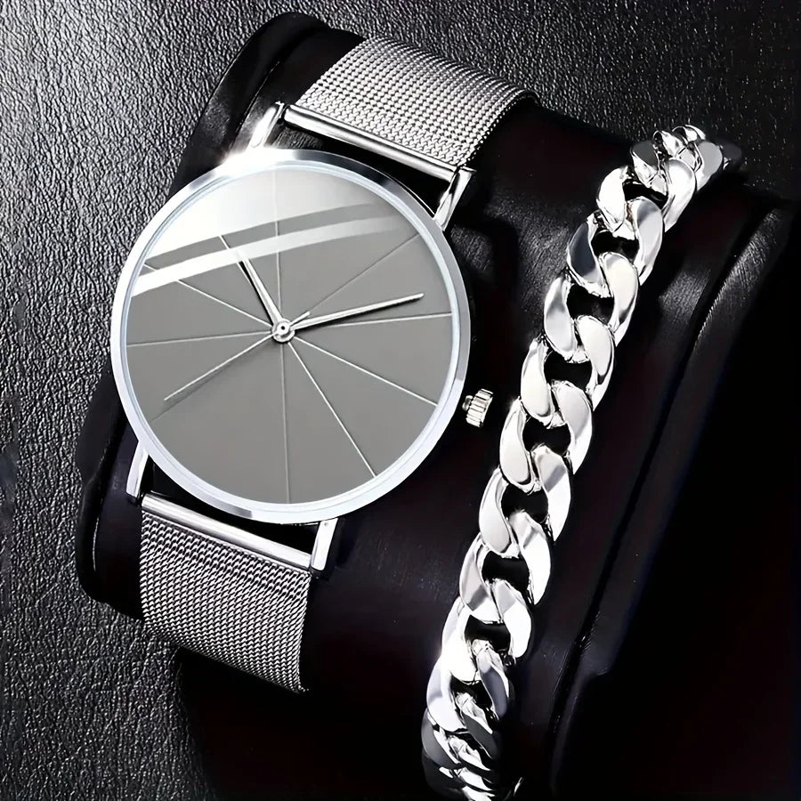 2pcs/set Men's Business Minimalist Quartz Watch Stainless Steel Mesh Band Wrist Watch & Bracelet, Father's Day Valentine's Day Qme set 1 No