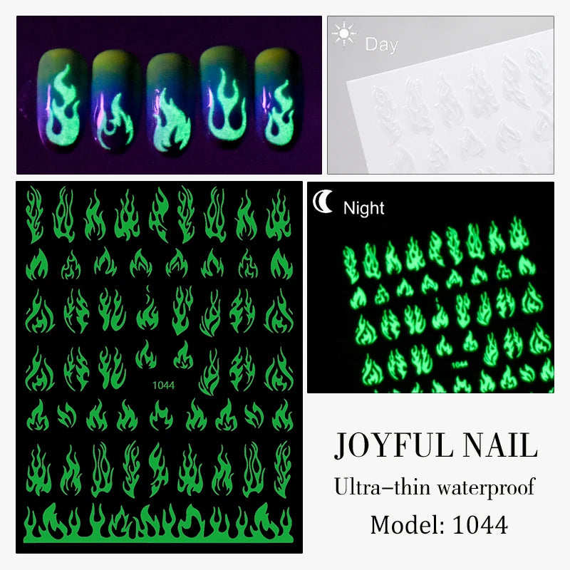 1 Sheet Glow Dark Nail Art Sticker Snowflake Flame Old English Qme 1044