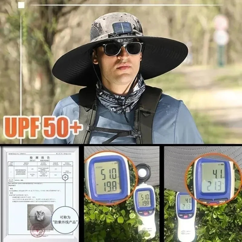 Solar Fan Bucket Hat Lightweight Breathable Wide Brim for Beach Gardening Hiking Rechargeable Via Sun or USB Cable for Men Women Qme