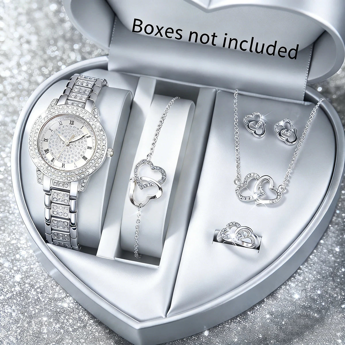Luxury 5 In 1 Full Crystal Gold Watch Interlocking Heart Necklace Earrings Ring Bracelet Set Qme Silver D No Box