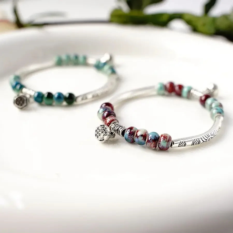 Cute Creative Lotus Handmade Ceramic Forest Bracelet National Style Pendant Classic Chinese Style Bracelet Wholesale Qme