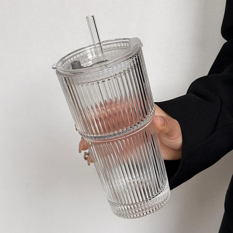 Large Capacity Stripe Glass Coffee Cup With Lid Cover Straw Transparent Drinking Glasses For Juice Iced Coffee Mugs Drinkware Qme 1PCS 600ML