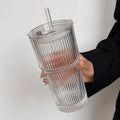 Large Capacity Stripe Glass Coffee Cup With Lid Cover Straw Transparent Drinking Glasses For Juice Iced Coffee Mugs Drinkware Qme 1PCS 600ML