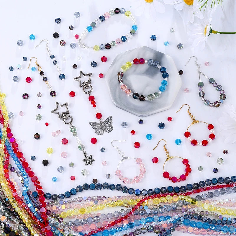 Flat Round Glass Beads Transparent Faceted Glass Spacers Colorful Coin Beads Crystal Loose Beads for Jewelry Making DIY Bracelet Qme