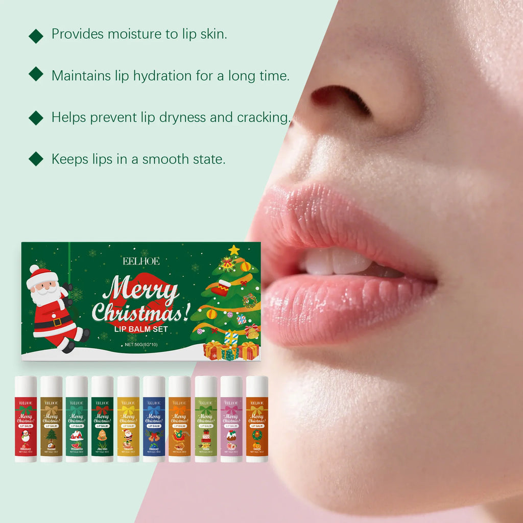 10PCS/Box Christmas Lip Moisturizing Set Deep Moisturizing Lip Color Brightening Plump Lip Care Gift Set for Women Girls Qme