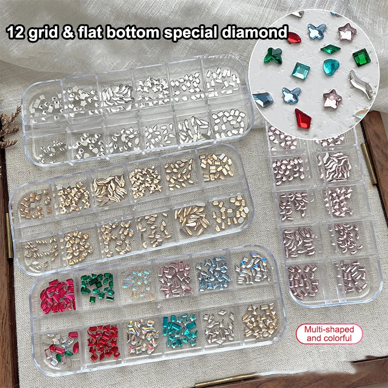 12 Grids Mixed Shape Colorful Rhinestones Nail Art Decoration Multi Size Flat Back Rhinestone Nail Gel Diy Nail Accessories Qme