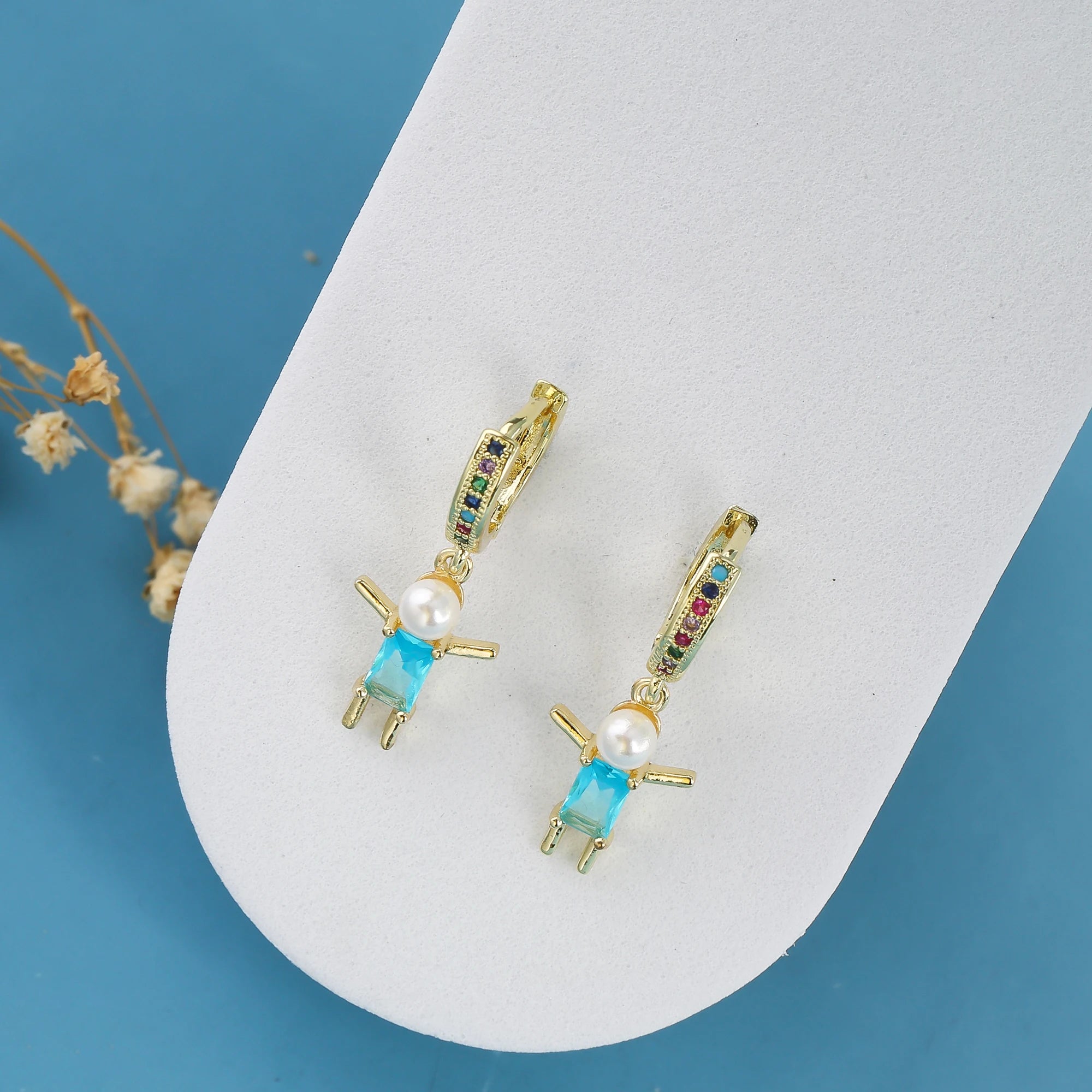 Hot Sale Cute Crystal Zirconia Design Small Doll Character Drop Earrings Simple For Woman Girl Birthday Jewelry Friendship Gift Qme Blue