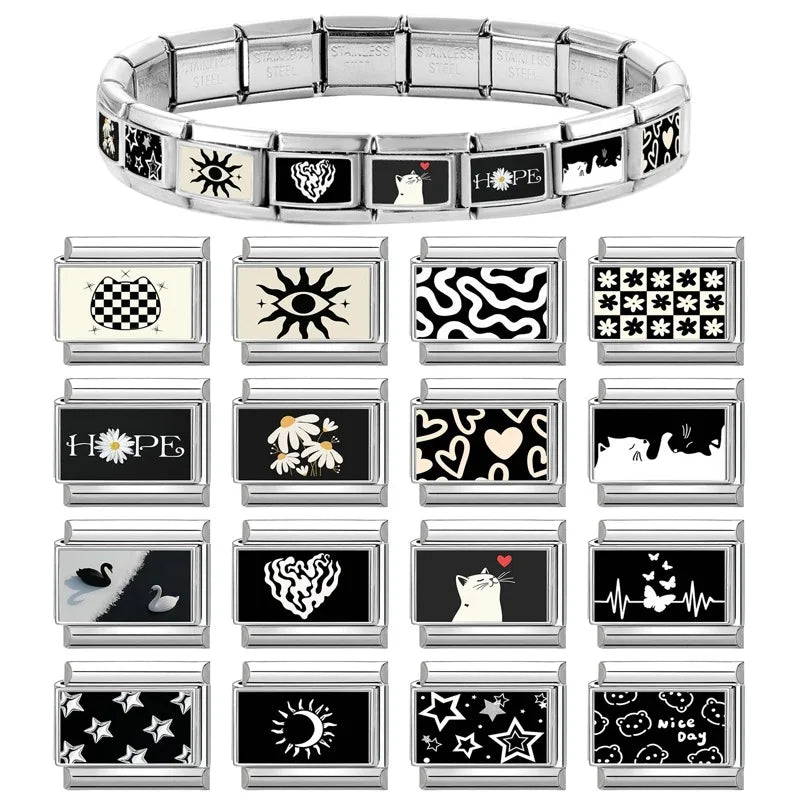 2025 Fashion Red Strawberry Love Heart Black Sun Moon Stars Italian Charm Links Fit 9mm Bracelet Stainless Steel Jewelrys Making Qme
