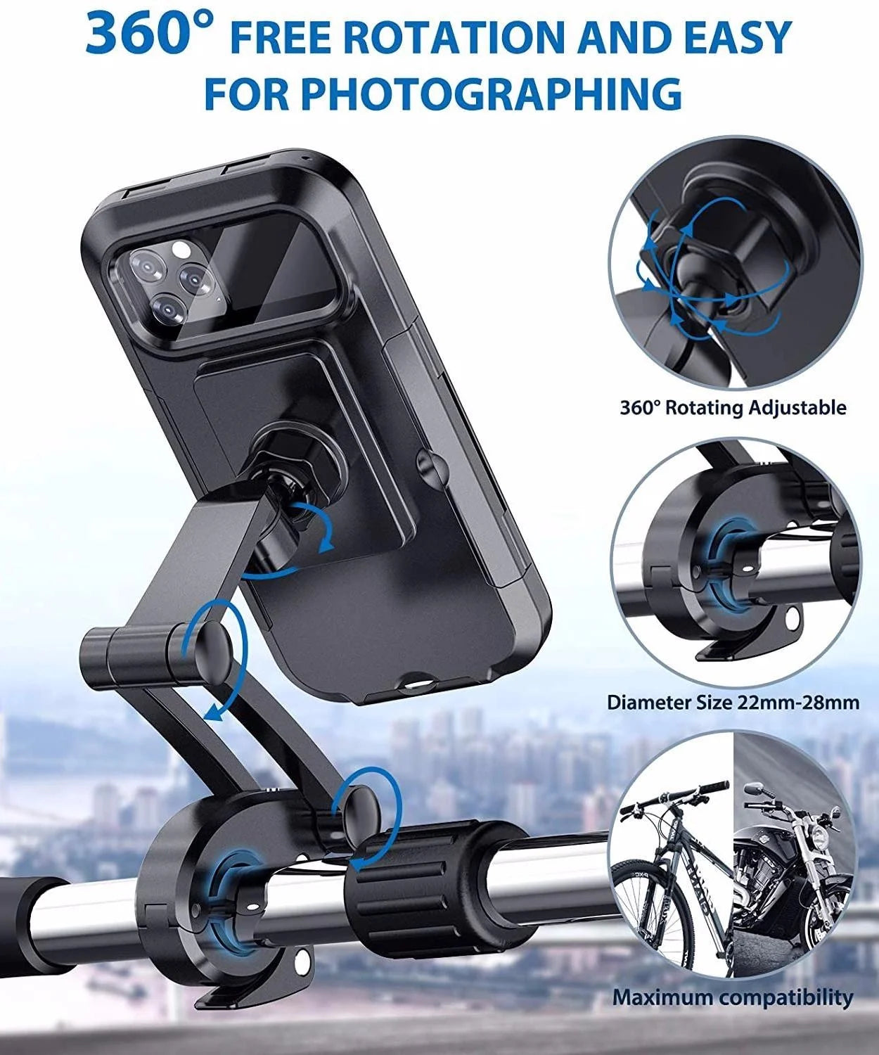 Waterproof Motorcycle Bike Mobile Phone Holder Support Universal Bicycle GPS 360° Swivel Adjustable Motorcycle Cellphone Holder Qme