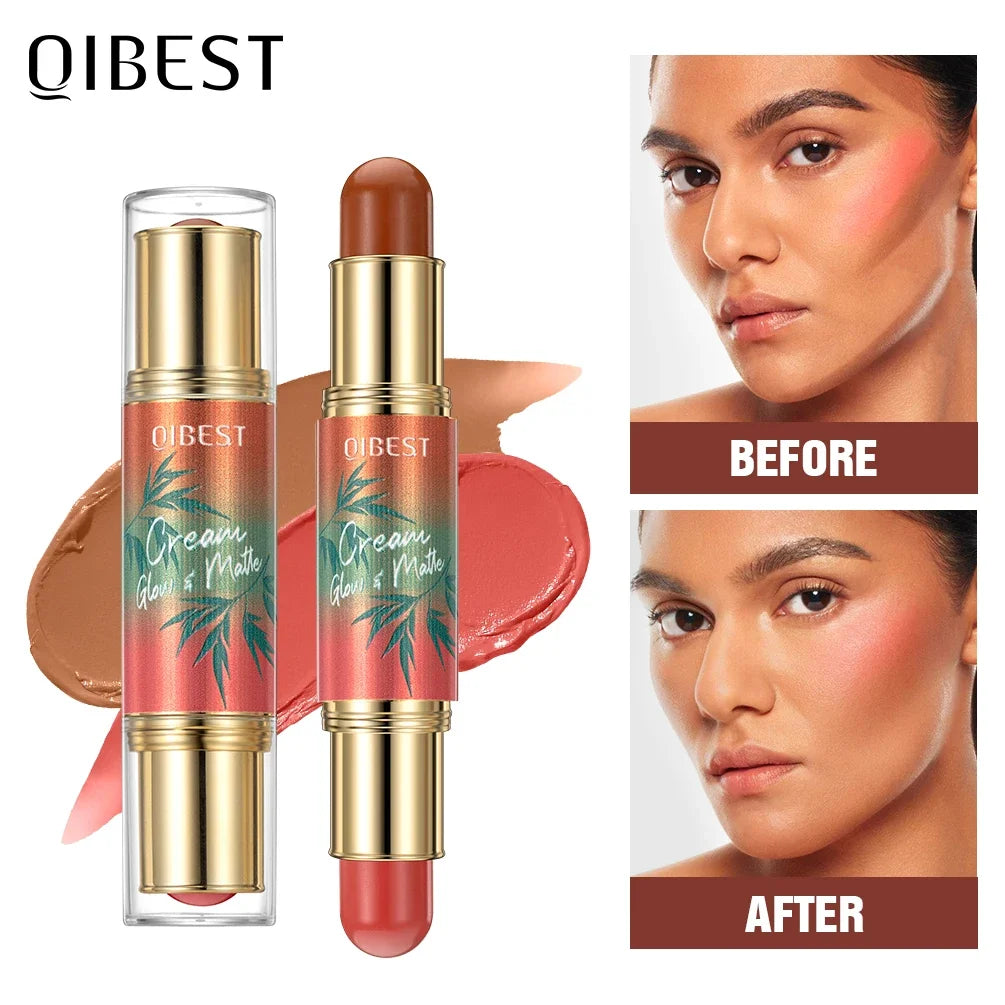 QIBEST Double Ended Contouring Blush Cream 2 In 1 Multiuse Makeup Stick Face Blusher For Lip Eyes Long Lasting Matte Bronzer Qme