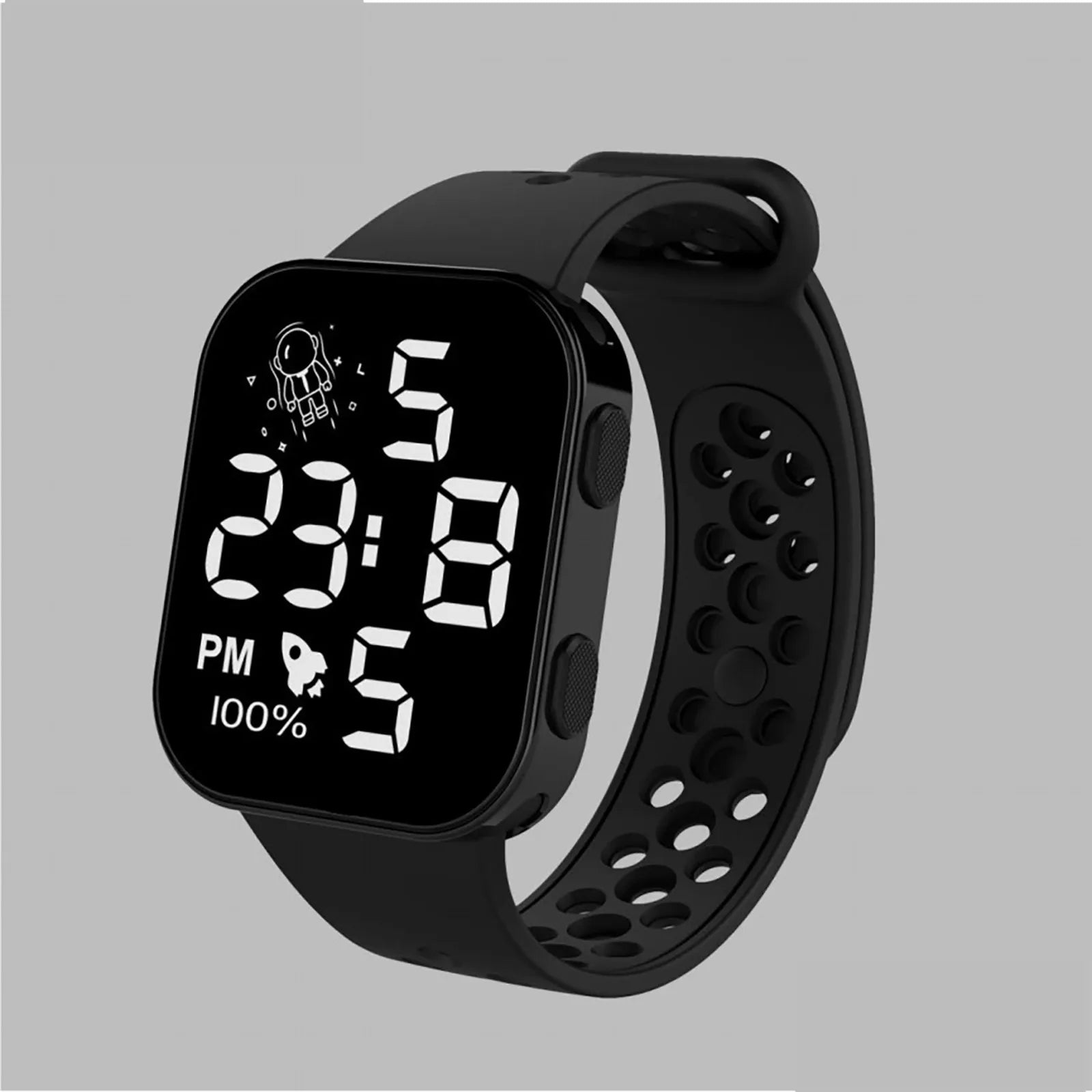 Children’s Solid Color Simple Fashion And Breathable Silicone Strap With Led Display Square Dial Calender Electronic Sport Watch Qme Black