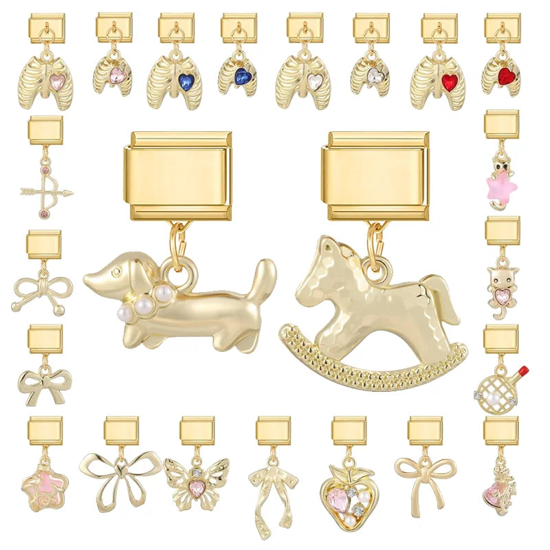 1PC Charm Cute Cartoon Pearl Dogs Horse Pendant Italian Charm Link Fit 9mm Bracelet Stainless Steel DIY Jewelry Making Wholesale Qme