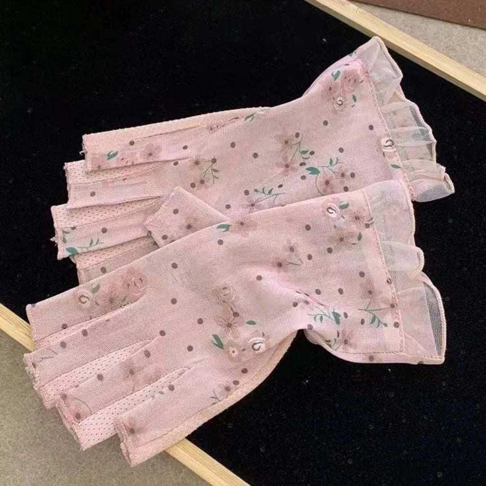 1 Pair Breathable Sunscreen Half-finger Gloves Silicone Anti Slip Thin Lace Mesh Gloves Sun Protection Quick Dry Qme Pink