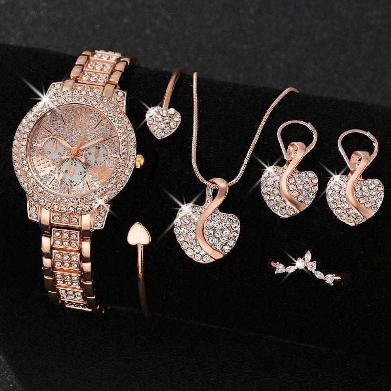 Women's Quartz Watch Gold Luxury Women Ring Necklace Earring Rhinestone Fashion Wristwatch Casual Ladies Watches Jewelry Set Qme Rose