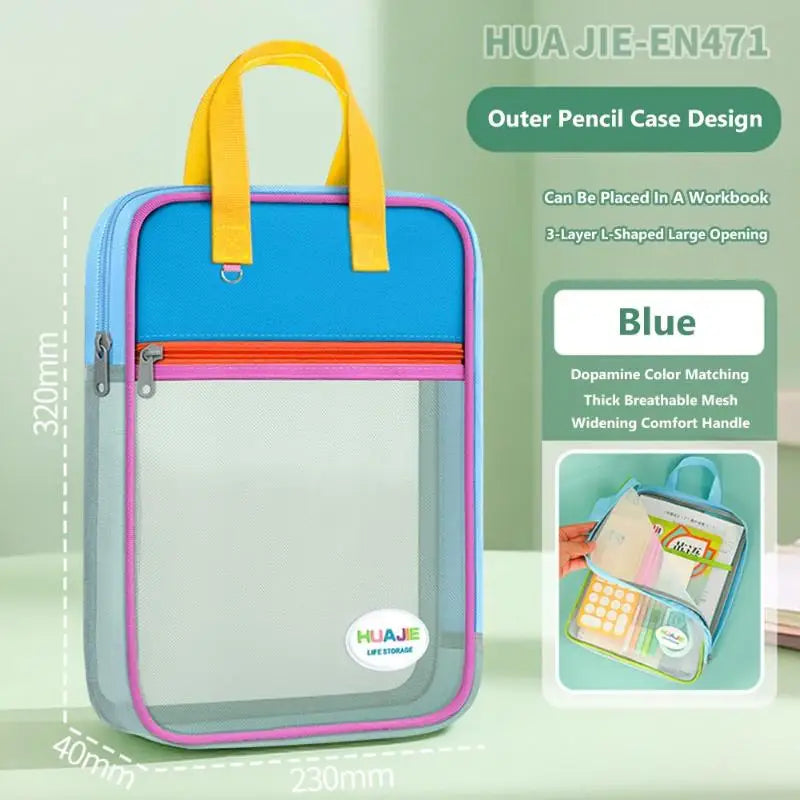 Student Handheld File Bag Dopamine Tote L-shaped Zipper Mesh Folder Qme A8